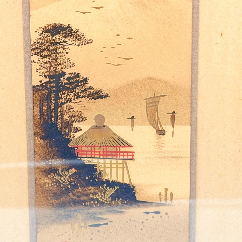 Vintage Japanese Landscape Art Framed Mount Fuji 1922 Brown Gold Fair 15x8 - Picture 2 of 14